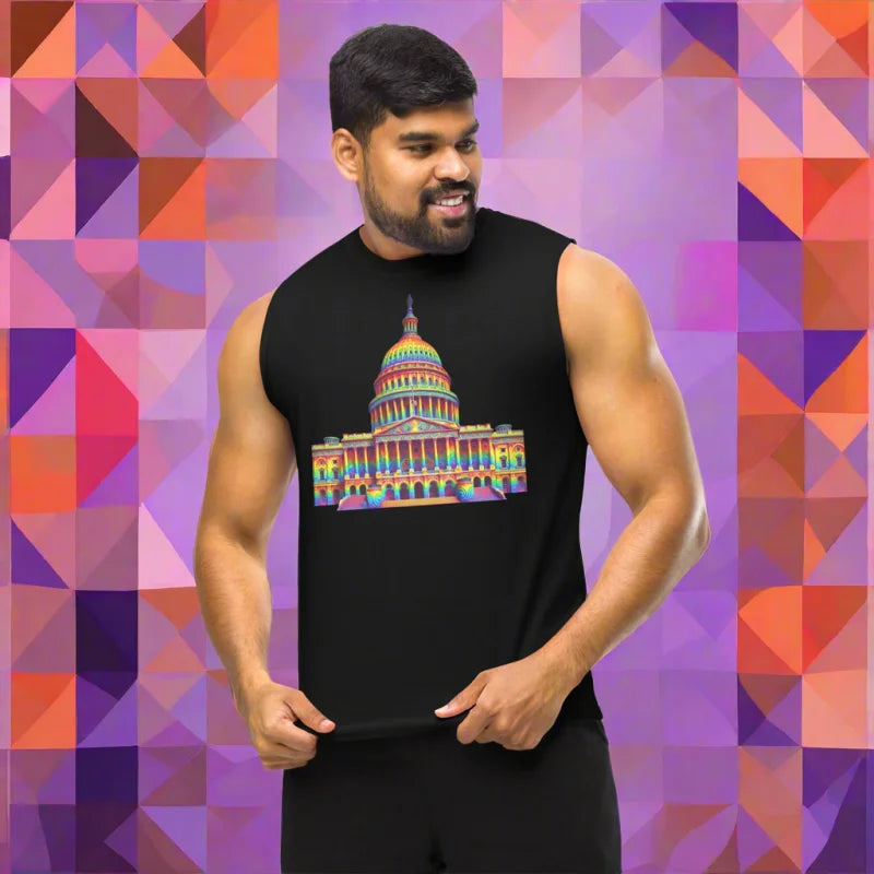 Rainbow Pride Flag Capitol Hill Sleeveless Muscle T-Shirt - Unisex Muscle T-Shirt - Activist, Doggy styled, LGBTQ