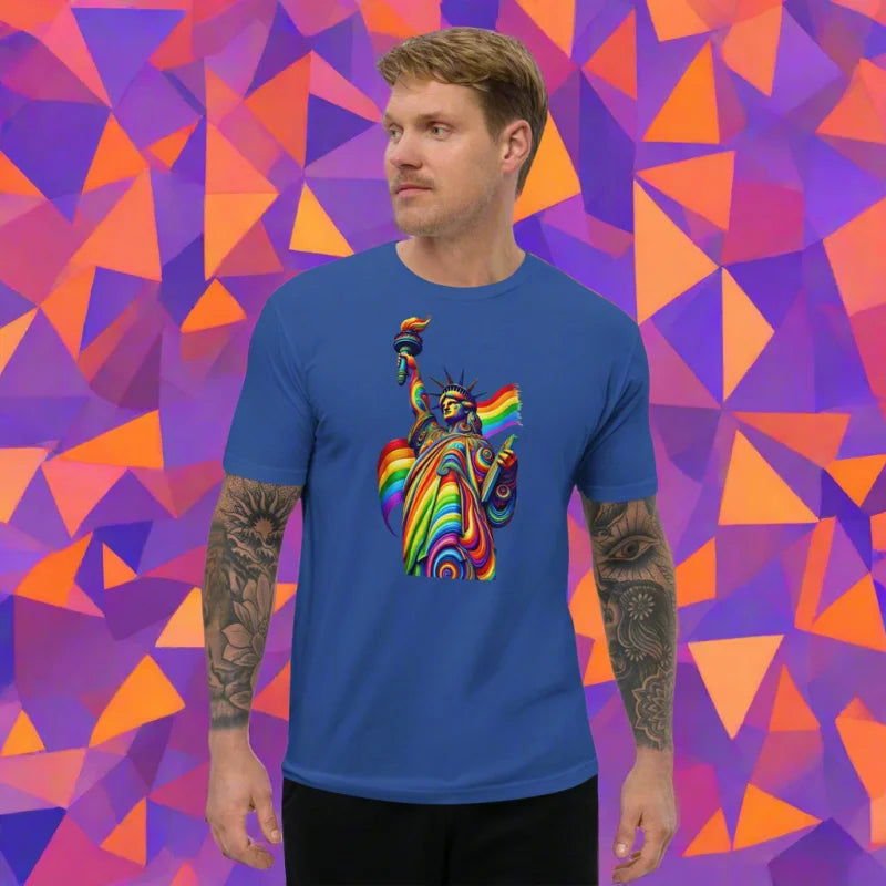 Rainbow Pride Flag Statue of Liberty Men’s Fitted T-Shirt - Unisex Tank Top - Activist, Doggy styled, LGBTQ + , Pride,