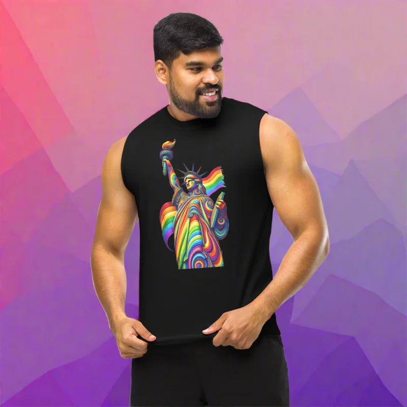 Rainbow Pride Flag Statue of Liberty Sleeveless Muscle T-Shirt - Unisex Muscle T-Shirt - Activist, Doggy styled, LGBTQ