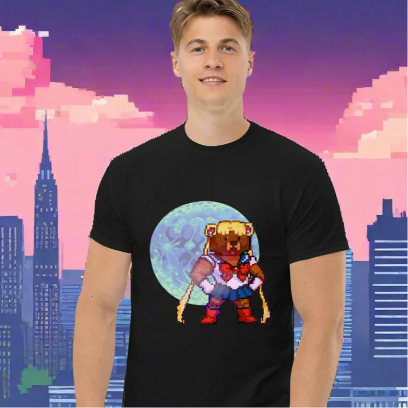 Black T-shirt featuring pixelated Sailor Bear Anime graphic, great for anime nostalgia fans