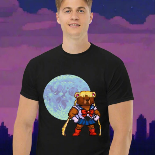 Black T-shirt with pixelated Sailor Moon bear design perfect for gay nerd anime fans