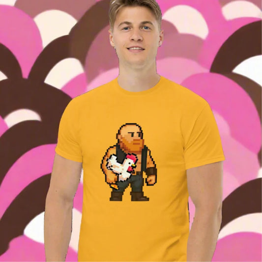Yellow T-shirt with pixelated man holding chicken – perfect for doggy styled clothing enthusiasts
