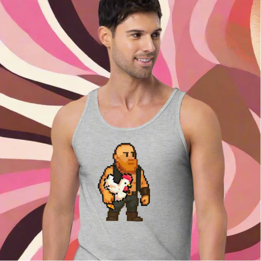Gray tank top with pixelated character, perfect for big rooster tank and pup play fans