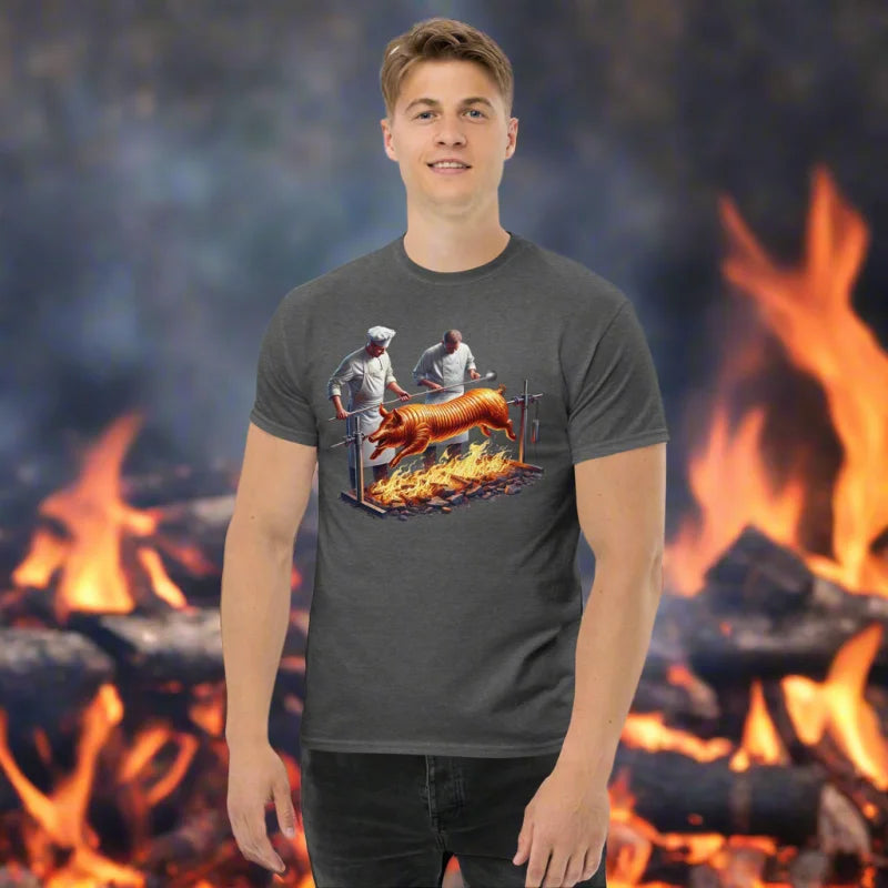 Gray t-shirt featuring pig roast graphic perfect for doggy styled clothes lovers