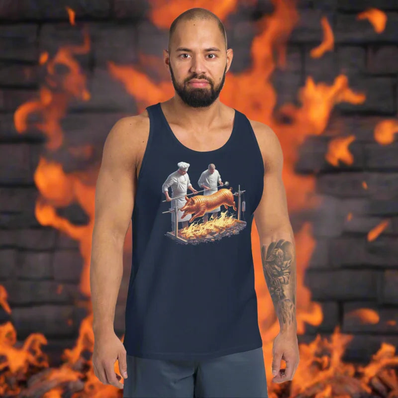 Navy sleeveless muscle t-shirt featuring a pig roast graphic for doggy styled clothes fans