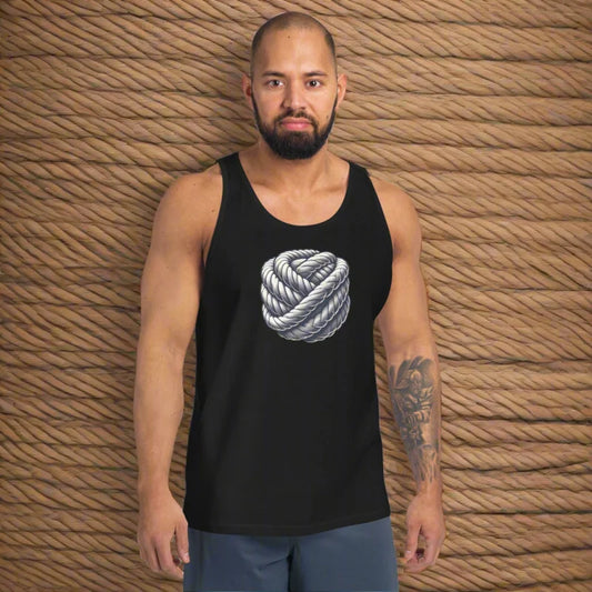 Black sleeveless muscle t-shirt with rope ball design, perfect for BDSM and doggy styled clothes