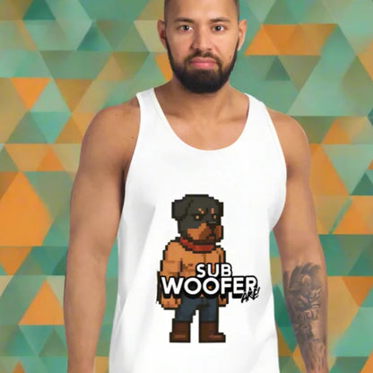 White tank top with pixelated dog graphic from Sub Woofer Pup Play 8-Bit Character Tank Top, perfect for doggy styled clothes and pup play fans