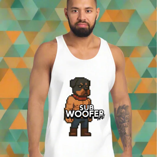 White tank top with pixelated dog graphic from Sub Woofer Pup Play 8-Bit Character Tank Top, perfect for doggy styled clothes and pup play fans