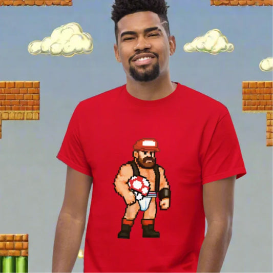 Smiling man in Super Gay Mario Pixel Gaymer T-Shirt with doggy styled design