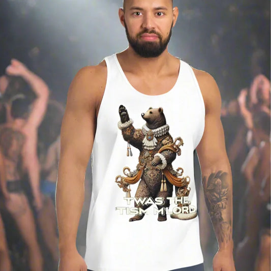 White tank top with bear graphic, perfect for gaymer 8-bit pixel style and doggy styled clothes