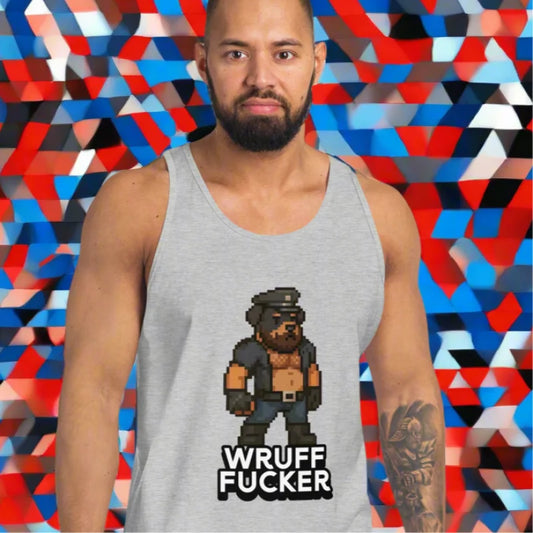 Gray tank top with pixelated dog graphic for doggy styled clothes and pup play fans