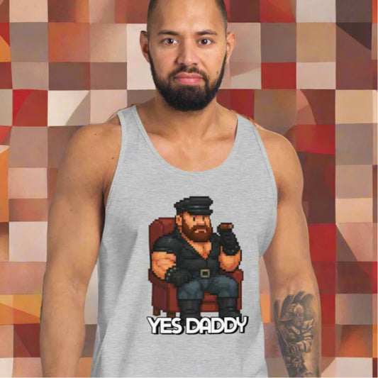 Gray tank top with pixelated leather daddy graphic for daddy roleplay fetish and doggy styled clothing