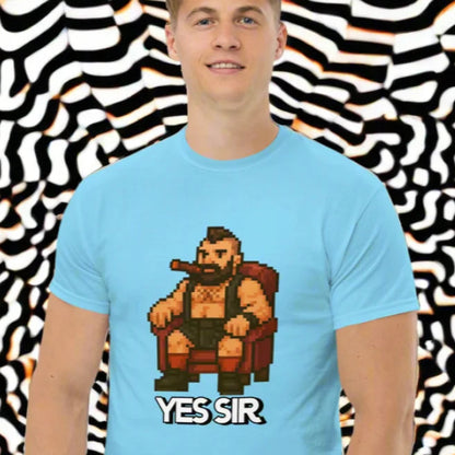 Light blue gay bdsm shirt with pixelated man design for YES SIR SHIRT collection