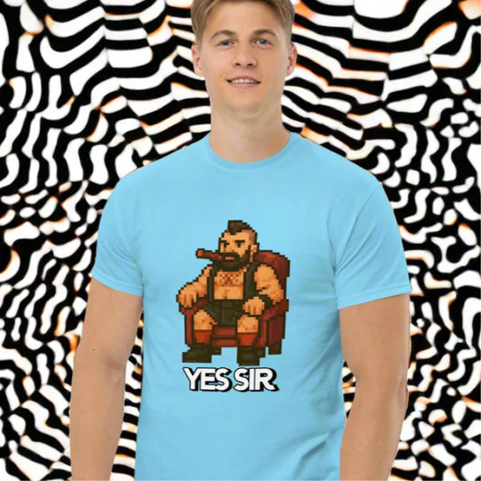 Light blue gay bdsm shirt with pixelated man design for YES SIR SHIRT collection