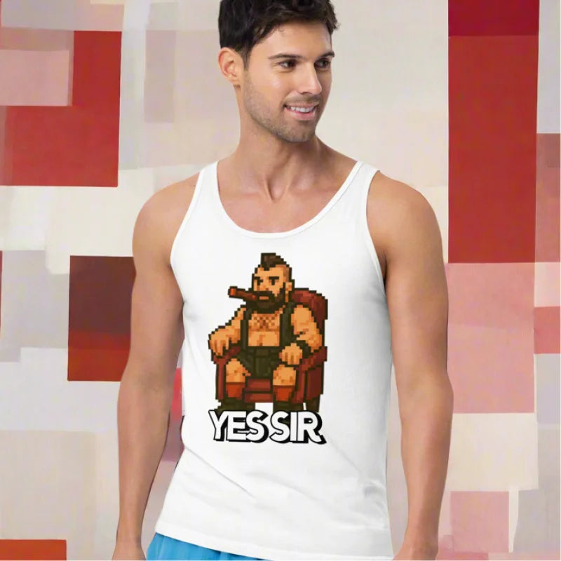 White tank top with pixelated character - perfect for doggy styled clothing or classic t-shirts